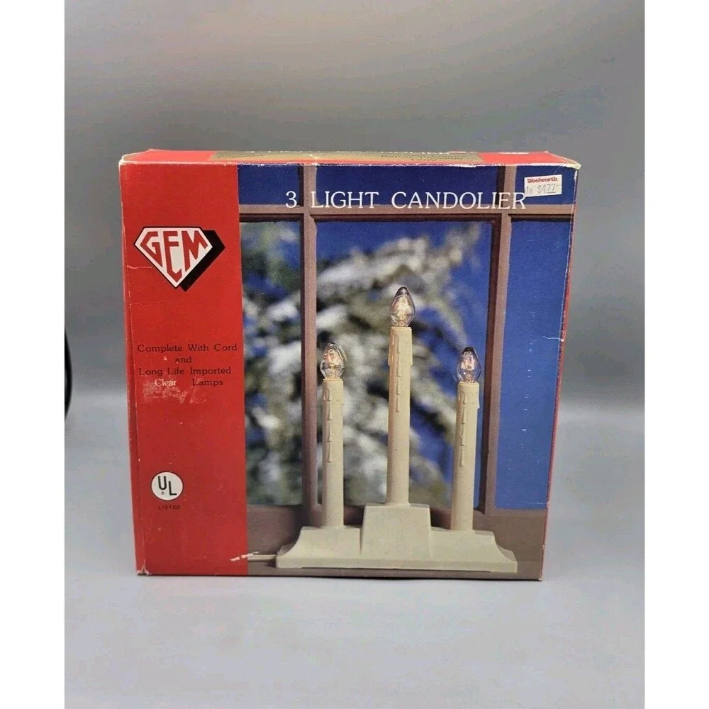 Vintage GEM 3 Light Candolier in Box Clear Lights USA Bulbs